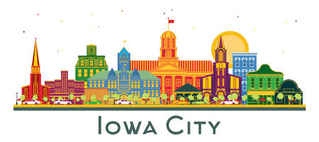 Iowa City Skyline with Color Buildings isolated on white. Vector Illustration. Business Travel and Tourism Illustration with Historic Architecture. Iowa City Cityscape with Landmarks.のイラスト素材
