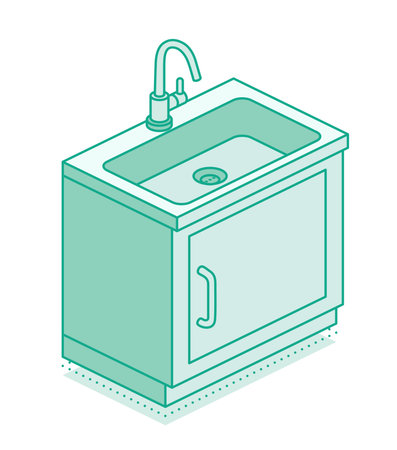 Isometric kitchen sink with cabinet and faucet. Modern vector illustration in outline style. Minimalistic interior furniture and plumbing concept.のイラスト素材