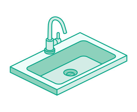 Isometric kitchen sink with faucet. Modern vector illustration in outline style. Minimalistic interior design element, plumbing concept.のイラスト素材