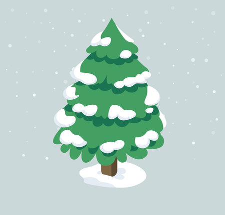 Green Christmas tree covered with snow. Winter holiday illustration with snowy weather. Simple flat vector design for New Year and Christmas decoration, greeting cards, posters and souvenirs.のイラスト素材