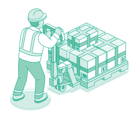 Isometric outline worker moving stacked boxes on a pallet truck. Logistics, warehouse, and cargo transport concept. Vector illustration.のイラスト素材