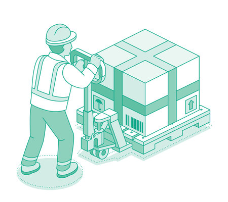 Isometric outline worker moving stacked boxes on a pallet truck. Logistics, warehouse, and cargo transport concept. Vector illustration.のイラスト素材