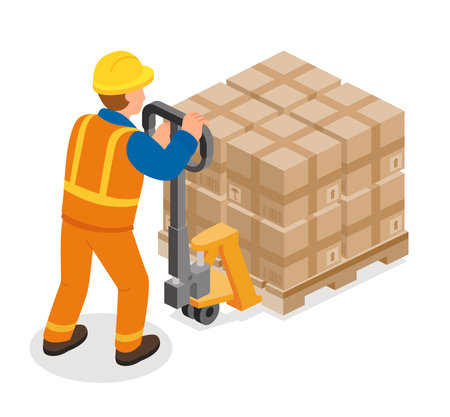 Isometric worker in orange uniform moving stacked boxes on a pallet truck. Logistics, warehouse, and cargo transport concept. Vector illustration.のイラスト素材
