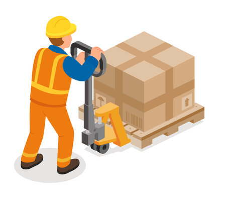 Isometric worker in orange uniform moving stacked big box on a pallet truck. Logistics, warehouse, and cargo transport concept. Vector illustration.のイラスト素材
