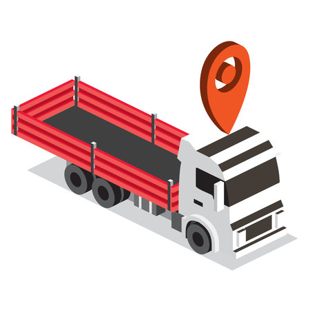 Isometric red flatbed truck with location pin. Cargo transport, delivery, and logistics concept. Vector illustration.のイラスト素材