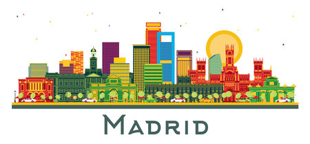 Madrid Spain City Skyline with Color Buildings isolated on white. Vector Illustration. Business Travel and Tourism Concept with Historic Architecture. Madrid Cityscape with Landmarks.のイラスト素材