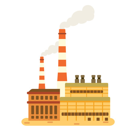 Industrial power plant with smoking chimneys. Vector illustration of factory building emitting smoke.のイラスト素材
