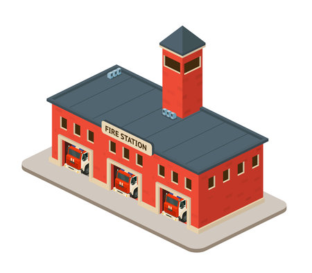 Isometric fire station building with fire trucks. Vector illustration of emergency service architecture.のイラスト素材