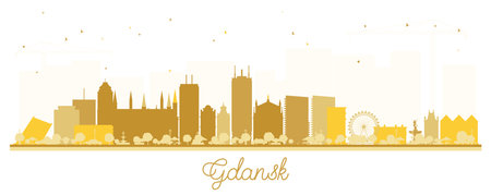 Gdansk Poland city skyline silhouette with yellow buildings isolated on white. Vector illustration. Gdansk cityscape with landmarks. Business and tourism concept with modern and historic architecture.のイラスト素材