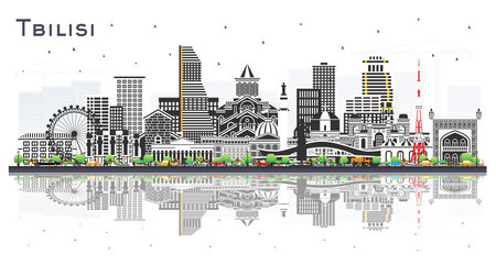 Tbilisi Georgia City Skyline with Color Buildings and reflections Isolated on White. Vector Illustration. Tbilisi Cityscape with Landmarks. Business Travel, Tourism Concept with Historic Architecture.のイラスト素材