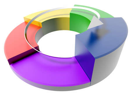 pie chart with arrow isolated on white backgroundの写真素材