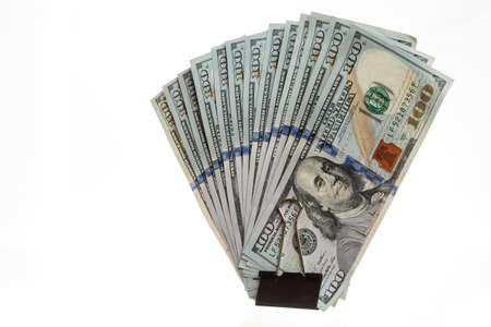 US 100 dollars bank notes isolated on white backgroundの写真素材