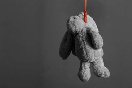 Rabbit soft toy hanging on a ropeの写真素材