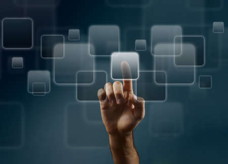 Man's hand pushing the button. Touchscreen. Rear view.の写真素材
