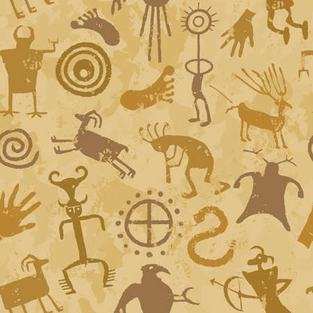 Cave Painting with animals and huntersのイラスト素材
