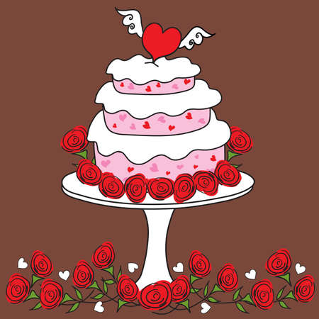 Valentine Heart Cake with three layers, surrounding by red roses on a chocolate colored background