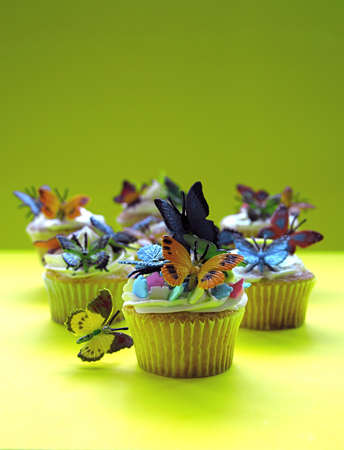 Butterfly cupcakes on a green and yellow backgroundの写真素材