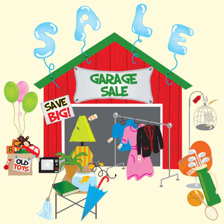 Garage Sale with lots of household itemsのイラスト素材