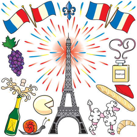 Create your own parisian party with the Eiffel Tower, fireworks, french flags, food and champagne. Perfect for Bastille Day!のイラスト素材