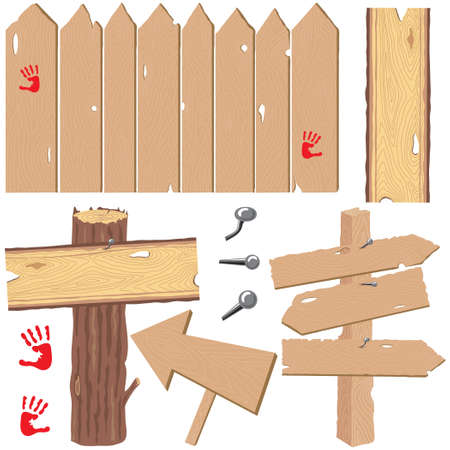 Selection of fence with knot holes, directional signs and log post with knotty plank  wood signのイラスト素材