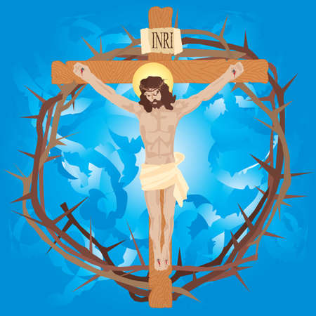 Jesus nailed to the cross with crown of thorns.のイラスト素材