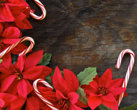 Poinsettia's and candy canes on an old wood backgroundの写真素材