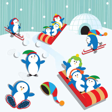 Cute Playful Penguin Village Snow Sceneのイラスト素材