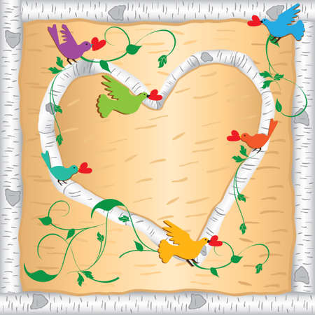 Primitive birch wood heart and frame with brightly colored bird holding heartsのイラスト素材