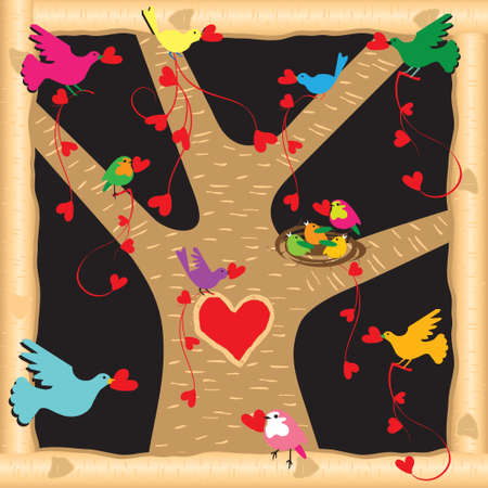 Colorful birds decorate the tree with heartsのイラスト素材