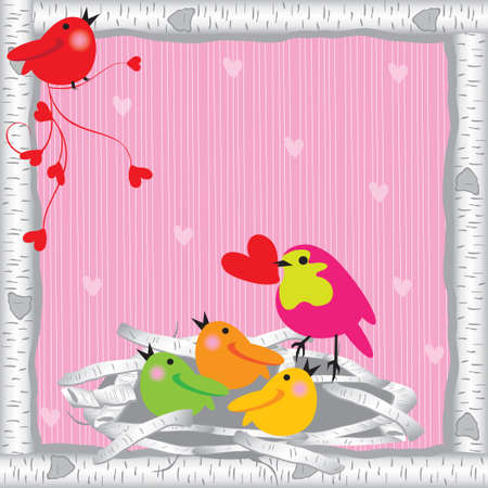White Birch Frame and nest with cute baby birds and Valentine Heartsのイラスト素材
