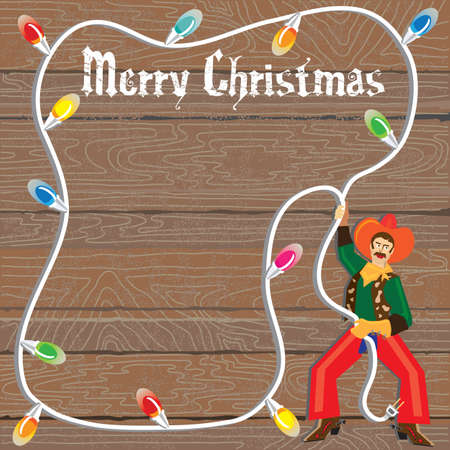 Cowboy with Christmas Lights Lasso against weathered woodのイラスト素材