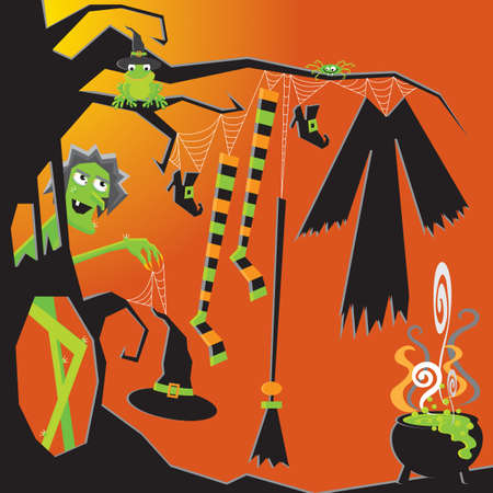 Crazy nude Witch gets ready for the party by hanging her clothes to dryのイラスト素材