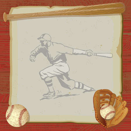 Rustic, vintage baseball party with old fashioned baseball, glove and bat on top of grungy vintage paper with a red woodgrain background  のイラスト素材