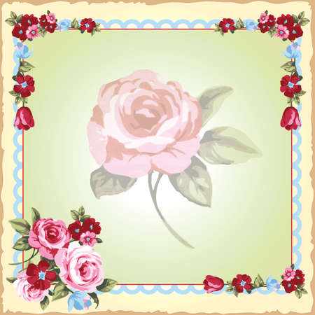 Beautiful vintage Victorian floral wedding invitation printed on a faux worn handkerchief. Beautiful flower boarder and a faded rose center on a pale green and yellow background.  のイラスト素材
