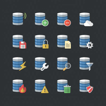Database icons set with Flat color styleのイラスト素材