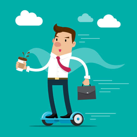 Businessman holding a cup of coffee and briefcase going to work by hoverboard. Isolated vector illustration.のイラスト素材