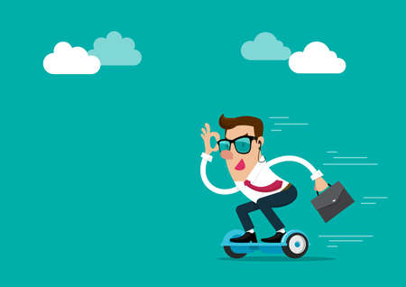 Businessman wears sunglasses holding briefcase going to work by hoverboard. Isolated vector illustrationのイラスト素材