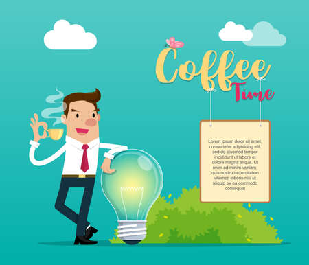 Businessman holding a cup of coffee standing with a light bulb with a message "Coffee time" with a wooden board hanging. Vector illustration. Wallpaper, posters, banners.のイラスト素材