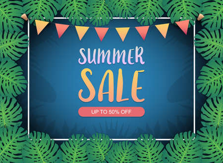 Summer sale background banner, Festival bunting ribbons hanging on frame border with the green exotic palm leaves and tropical plants, summer sale concept. Vector illustrationのイラスト素材