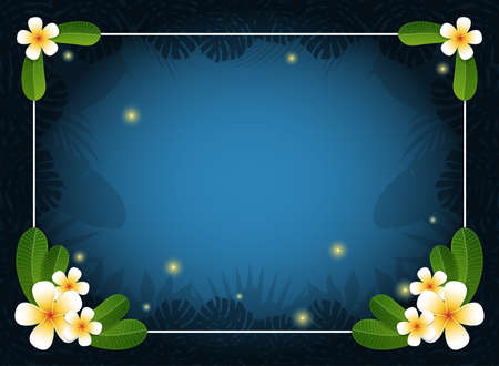 Summer night background. Frangipani Flowers on Plumeria leaves and fireflies with thin white frame. Tropical leaves. Summer concept. Vector illustrationのイラスト素材