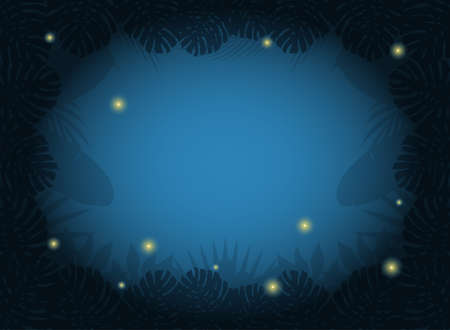 Summer night background. Fireflies fly among tropical trees at night. Tropical leaves. Summer concept. Vector illustrationのイラスト素材