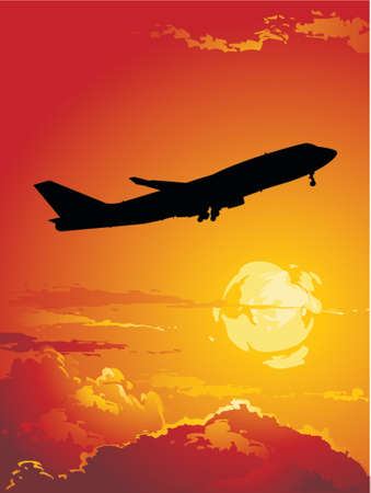 silhouette of a plane flying over the sunsetのイラスト素材