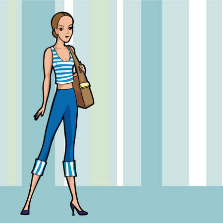 one young woman in modern clothes standing infront of a decorative wallpaperのイラスト素材