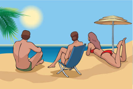 3 young adults sitting at the beach and watching the seaのイラスト素材