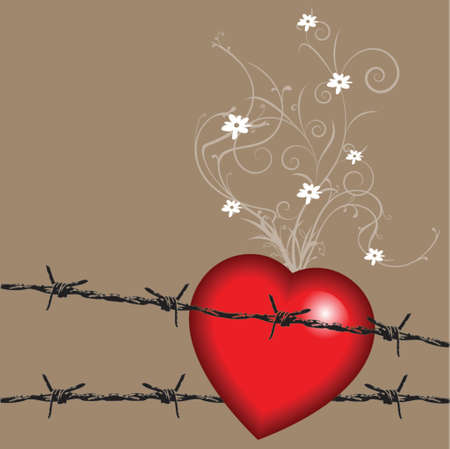 valentine heart on barbwires with floral vines on the backのイラスト素材