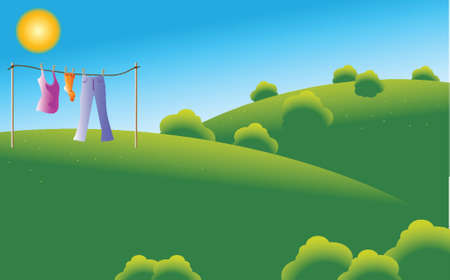 pair of socks, a top and jeans drying under sun at a green fieldのイラスト素材