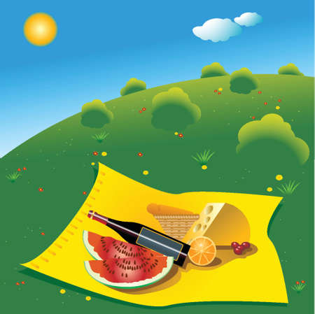 picnic scene with yellow blanket, cheese, vine, bread and watermelonsのイラスト素材