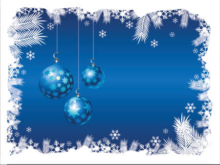 Three christmas ornaments hanging from snowy frameのイラスト素材