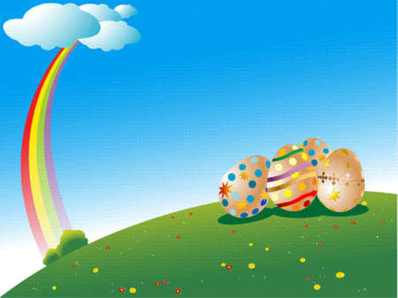 Easter eggs on a green field, rainbow over the blue skyのイラスト素材