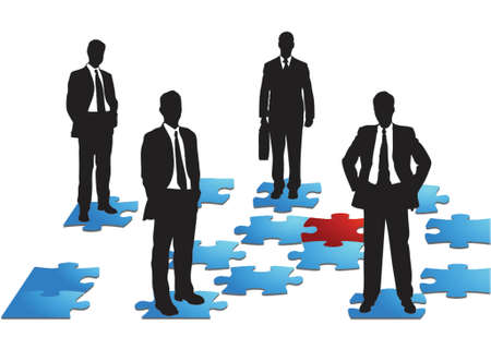 Four businessmen standing on puzzle pieces, business teamのイラスト素材